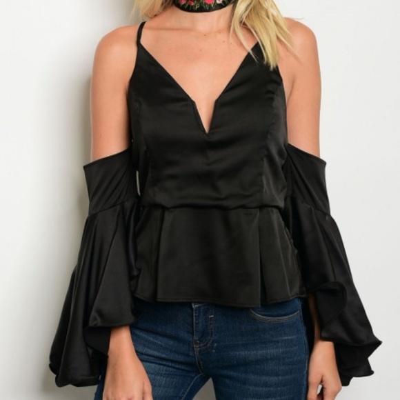 Womens Small Sexy Black V-Neck Cold Shoulder Top Bell Puff Sleeves Elegant Shirt - Picture 1 of 2